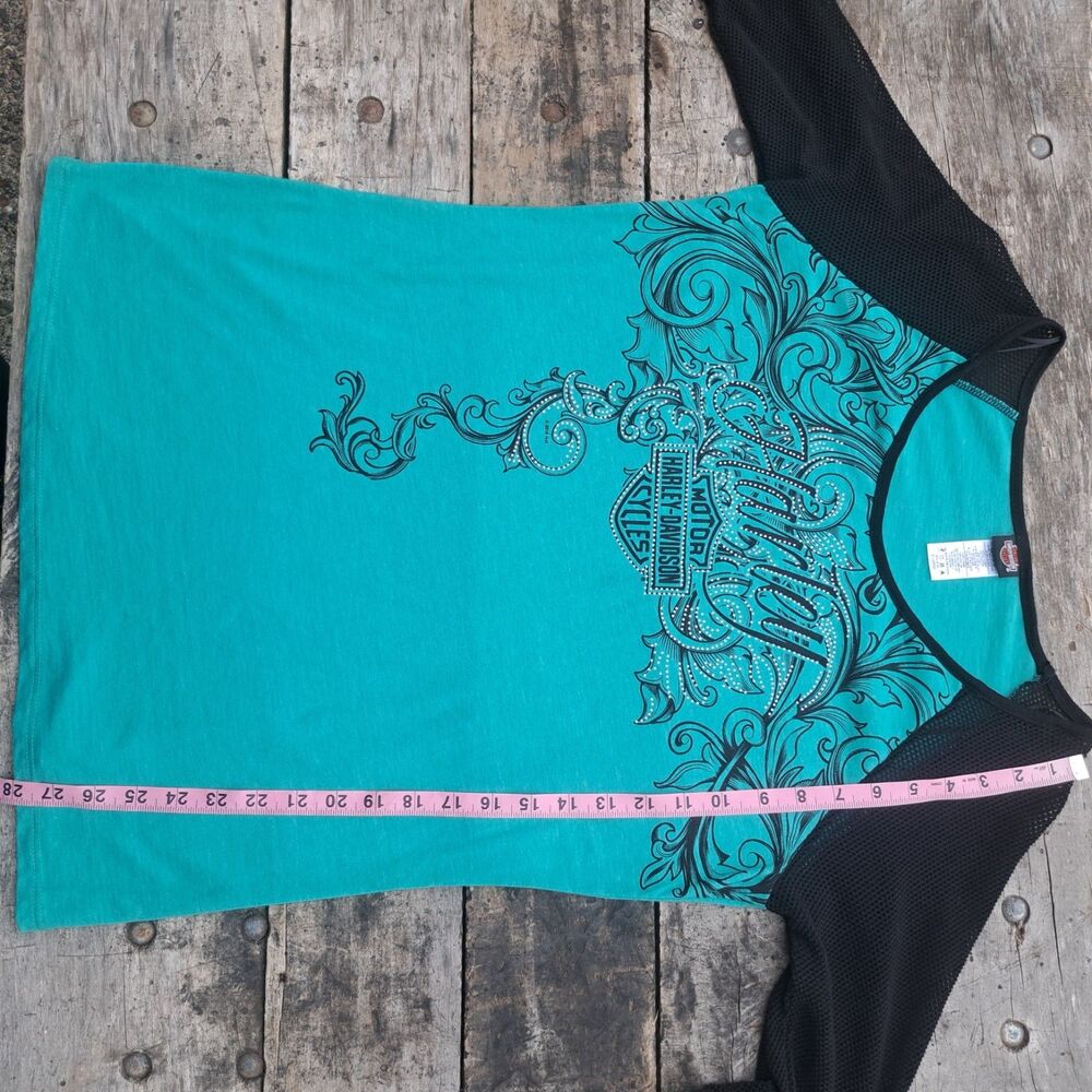 Harley-Davidson Womens XL Teal Blue Black Mesh Half Sleeve Top HD Gildners MI - Picture 7 of 8